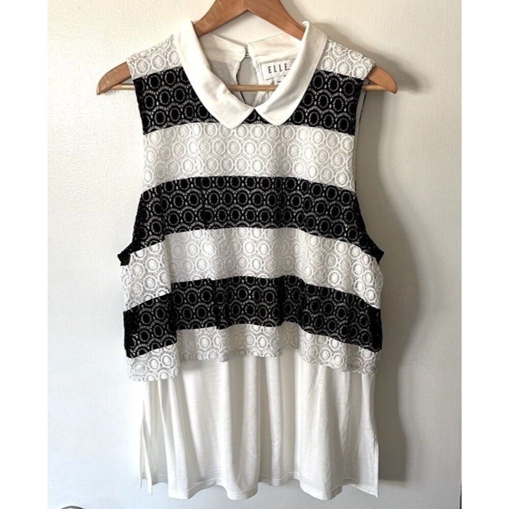 ELLE Women’s Sleeveless Lace Tank Top – Size S – Black & White Striped Collared